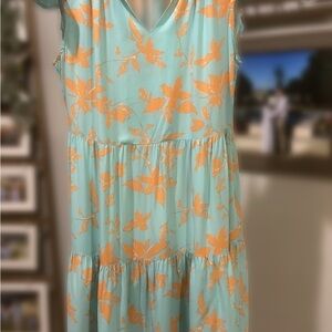 Blue and Orange Sleeveless V-neck Midi Sundress